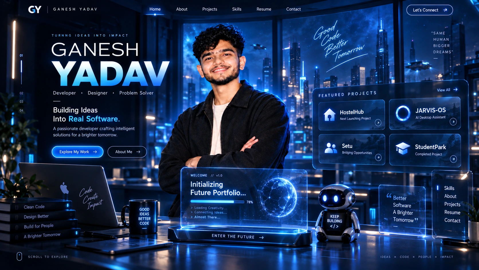 Futuristic portfolio dashboard featuring Ganesh Yadav