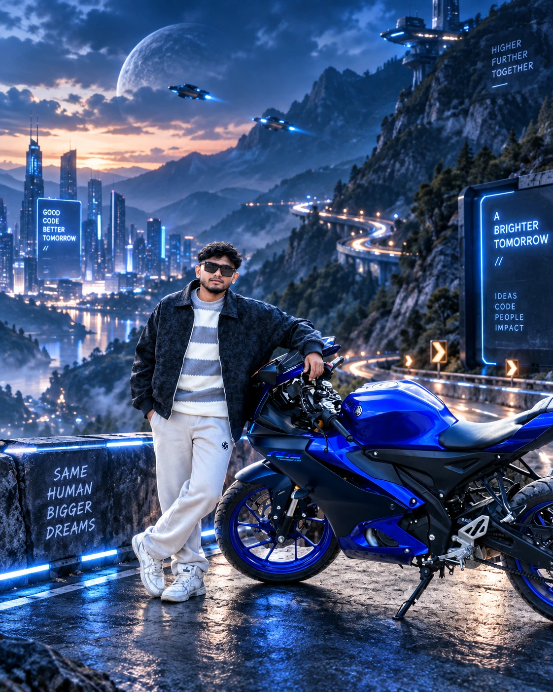 Ganesh Yadav outdoors beside a motorcycle